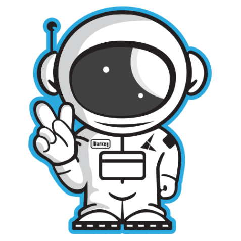 Markey, the KeyMark astronaut mascot gesturing the letter "K" in ASL