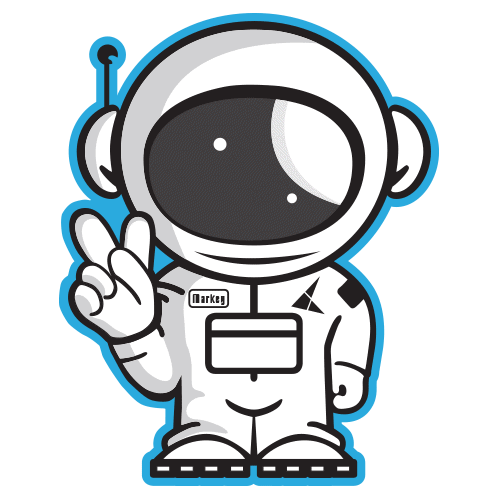 Markey, the KeyMark astronaut mascot gesturing the letter "K" in ASL