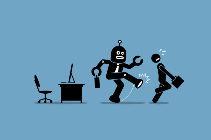 robot kicks a man
