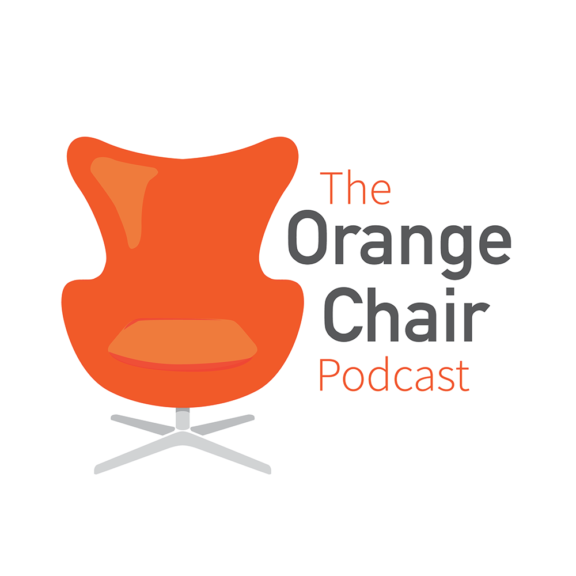 Logo of a comfortable orange chair with the podcast title "The Orange Chair Podcast"